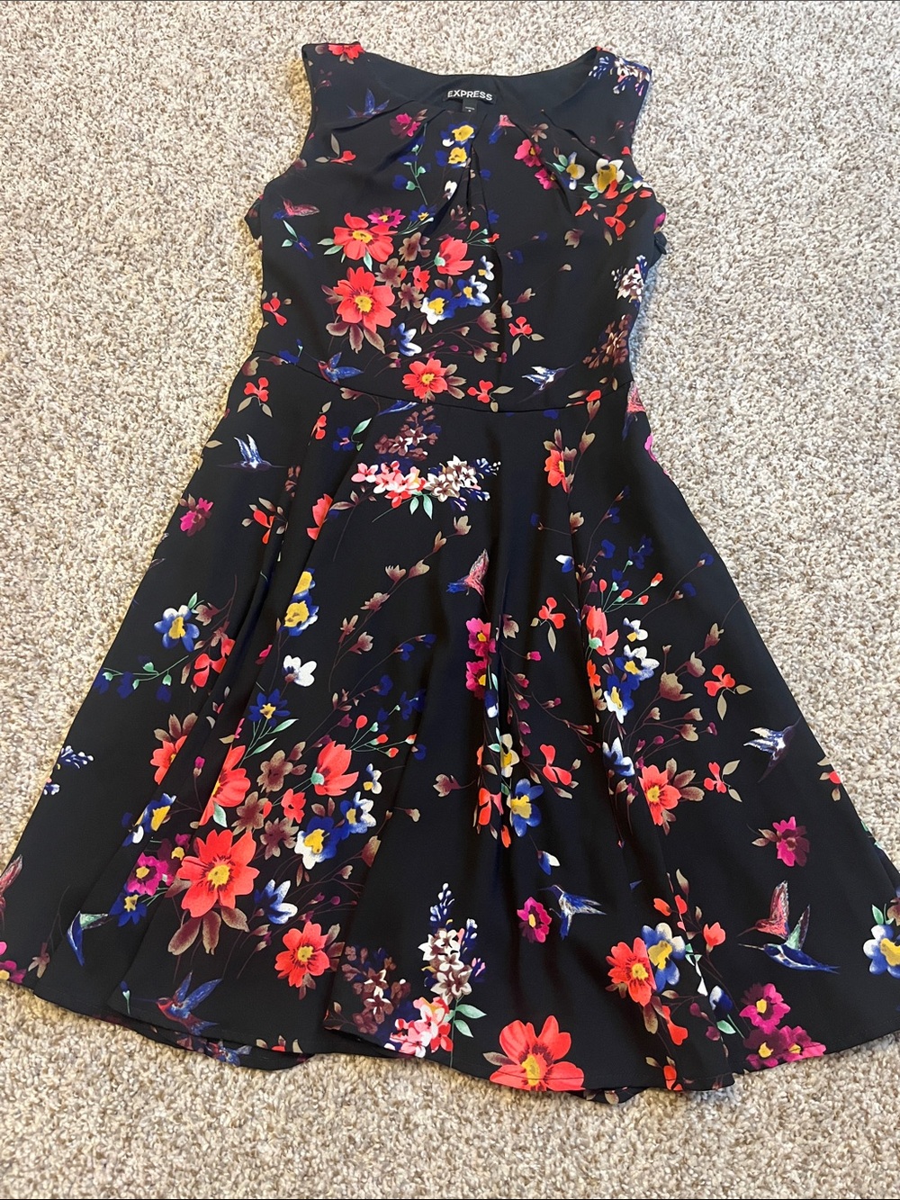 Express Black Floral Mini Dress with Red, Pink, Yellow & Blue Flowers